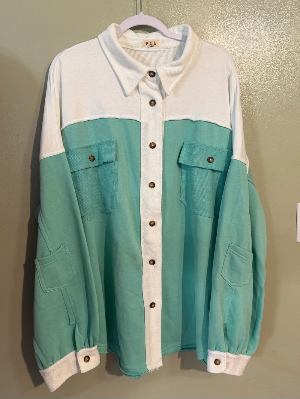 POL Mint Green and White Colorblock Button-Front Shirt Jacket Terry Cloth 3X